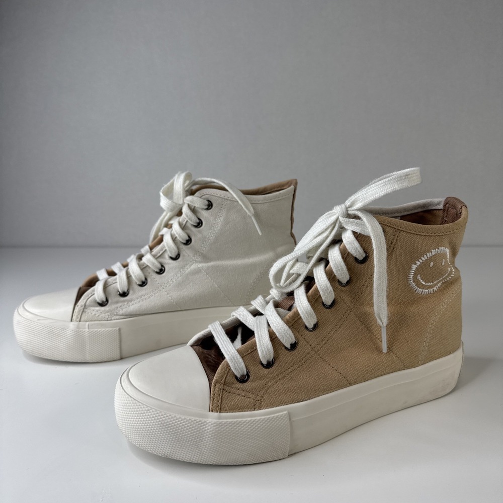 Smiley Company High Top Sneakers Color Block Cream Tan Womens 7